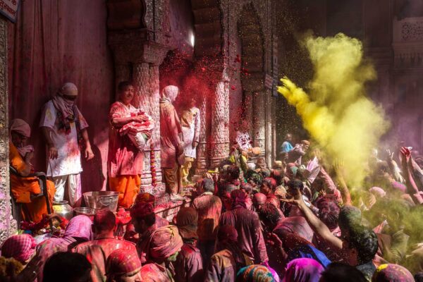 Vrindavan, India. March 23, 2016. Holi celebration in the Hindu Banke Bihare temple in Vrindavan, Uttar Pradesh, India.